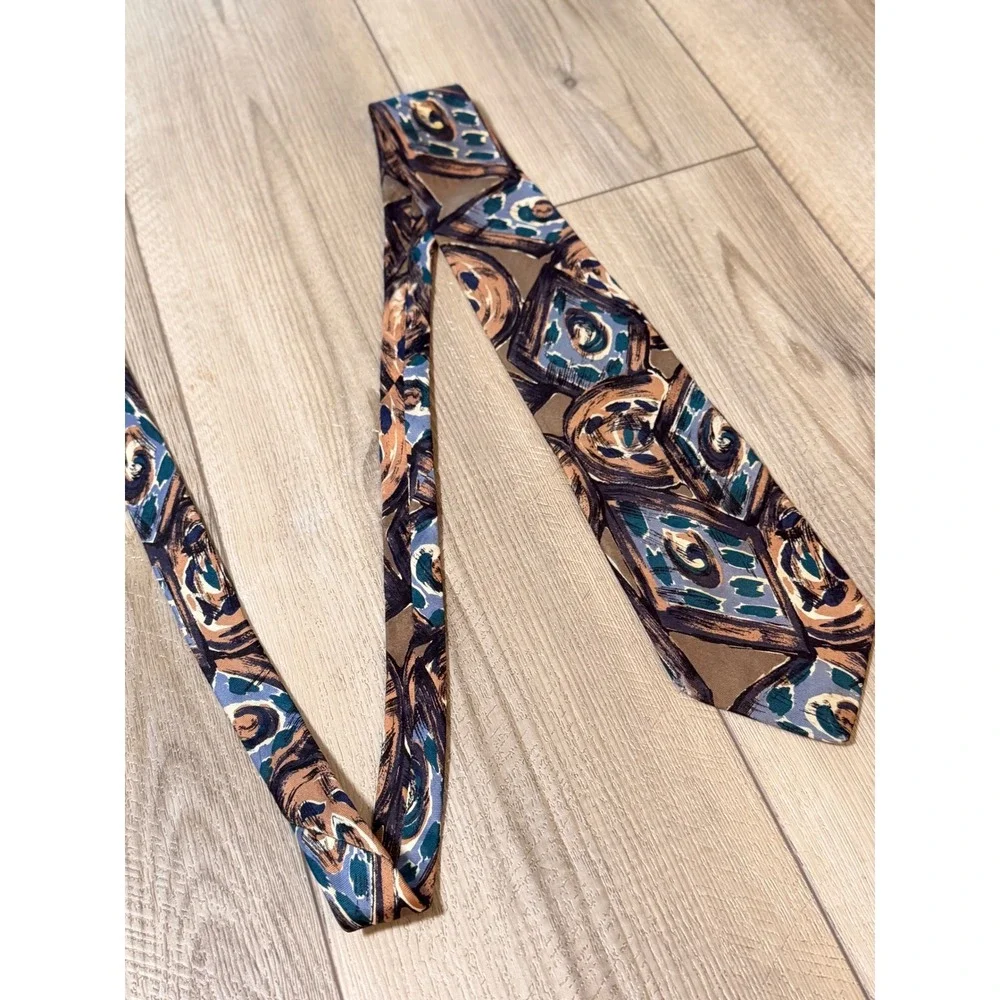 Vintage Pierre Balmain Silk Tie Brown Blue Geometric Abstract 60s Italian Silk